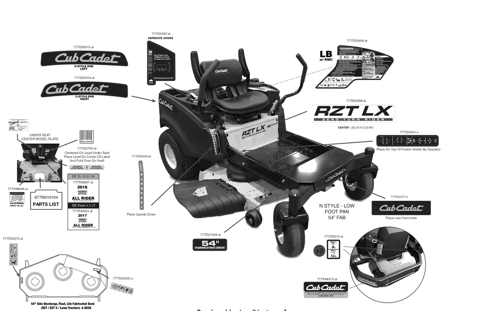 Label Map Diagram and Parts List for RZT-LX54KW (17AICAXA210)(2017) Cub Cadet Lawn Tractor